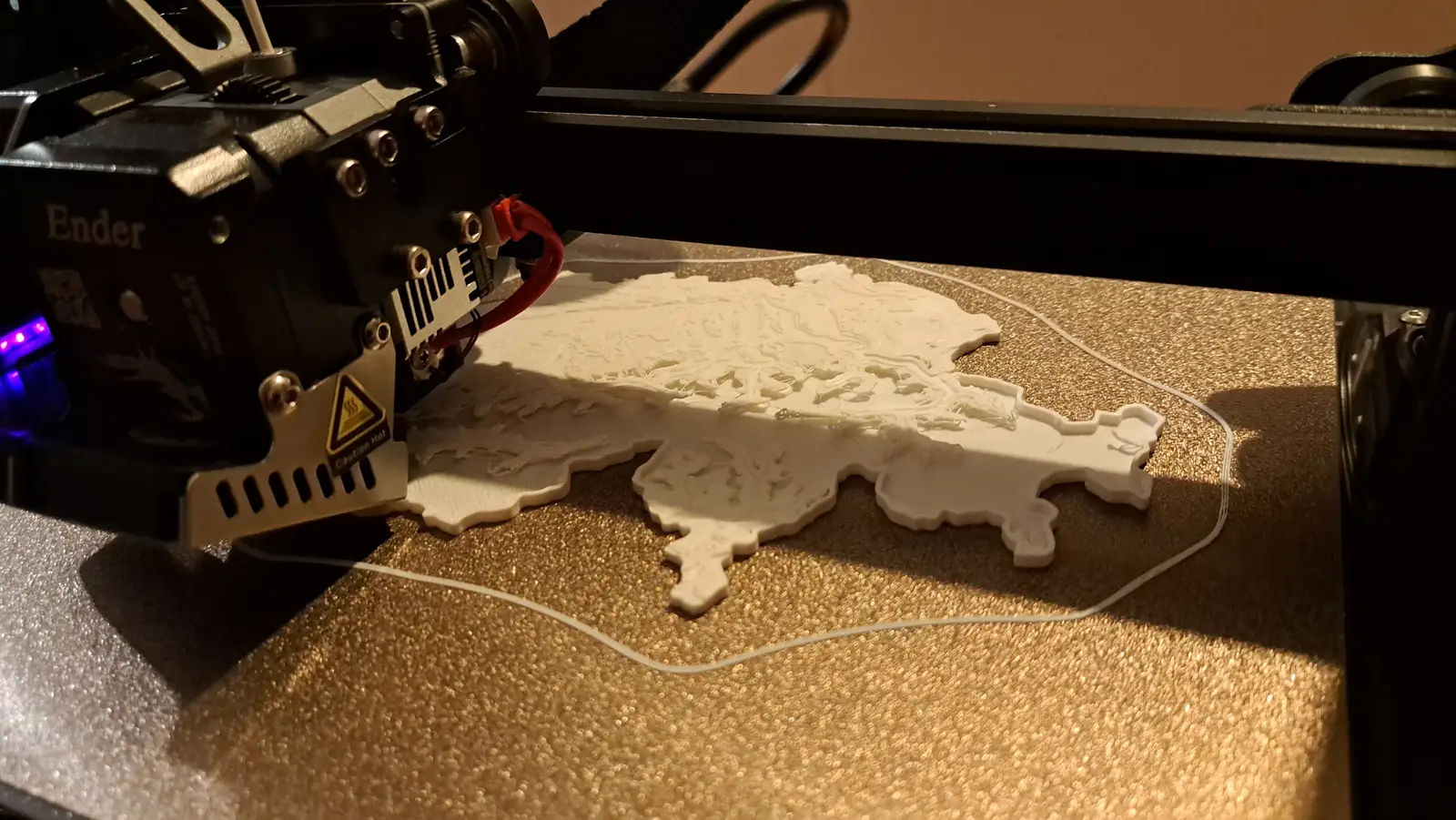 The first white relief of Switzerland being printed on an Ender 3D printer at night