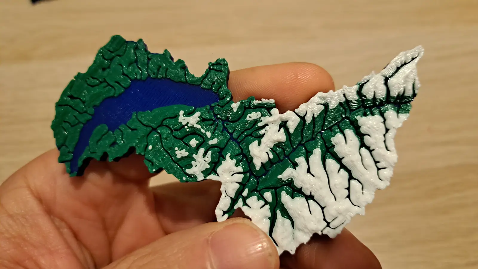 A green and white relief piece with a blue lake, held between the fingers