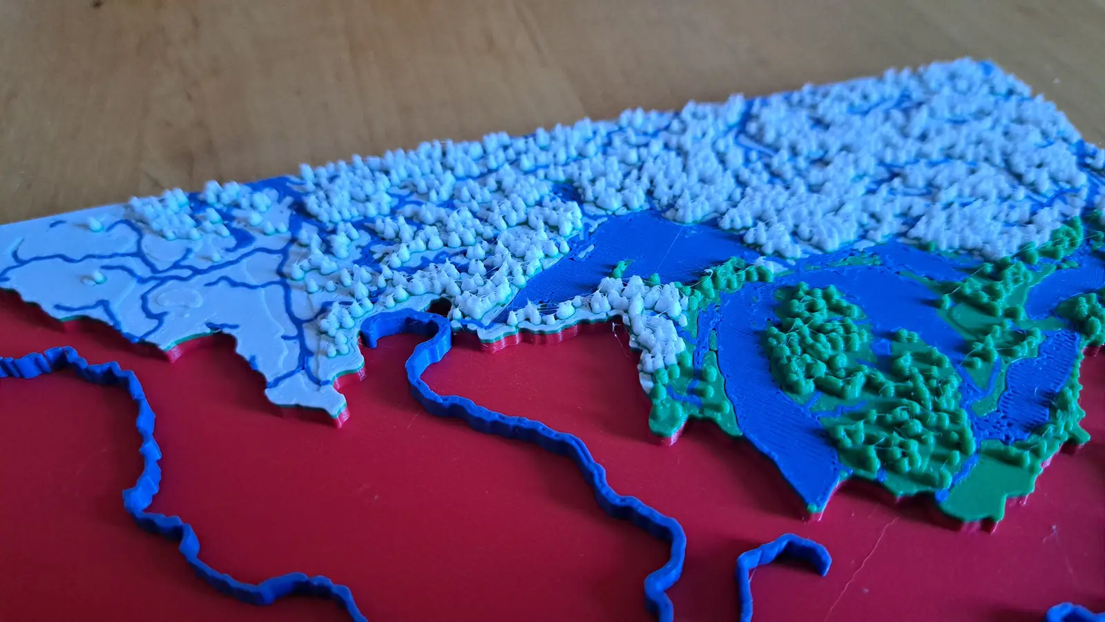 A relief plate photographed at a low angle, showing the printed terrain standing proud of the plate