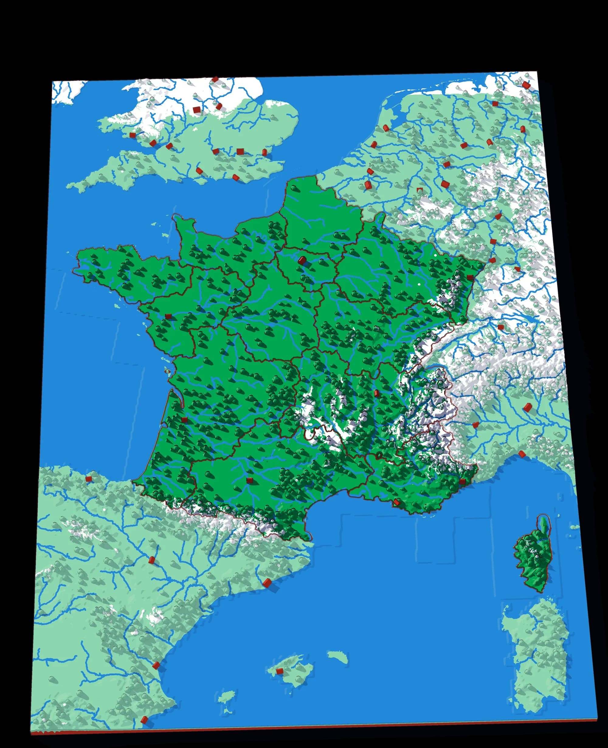 Frankreich als Relief-Puzzle, schräg von oben