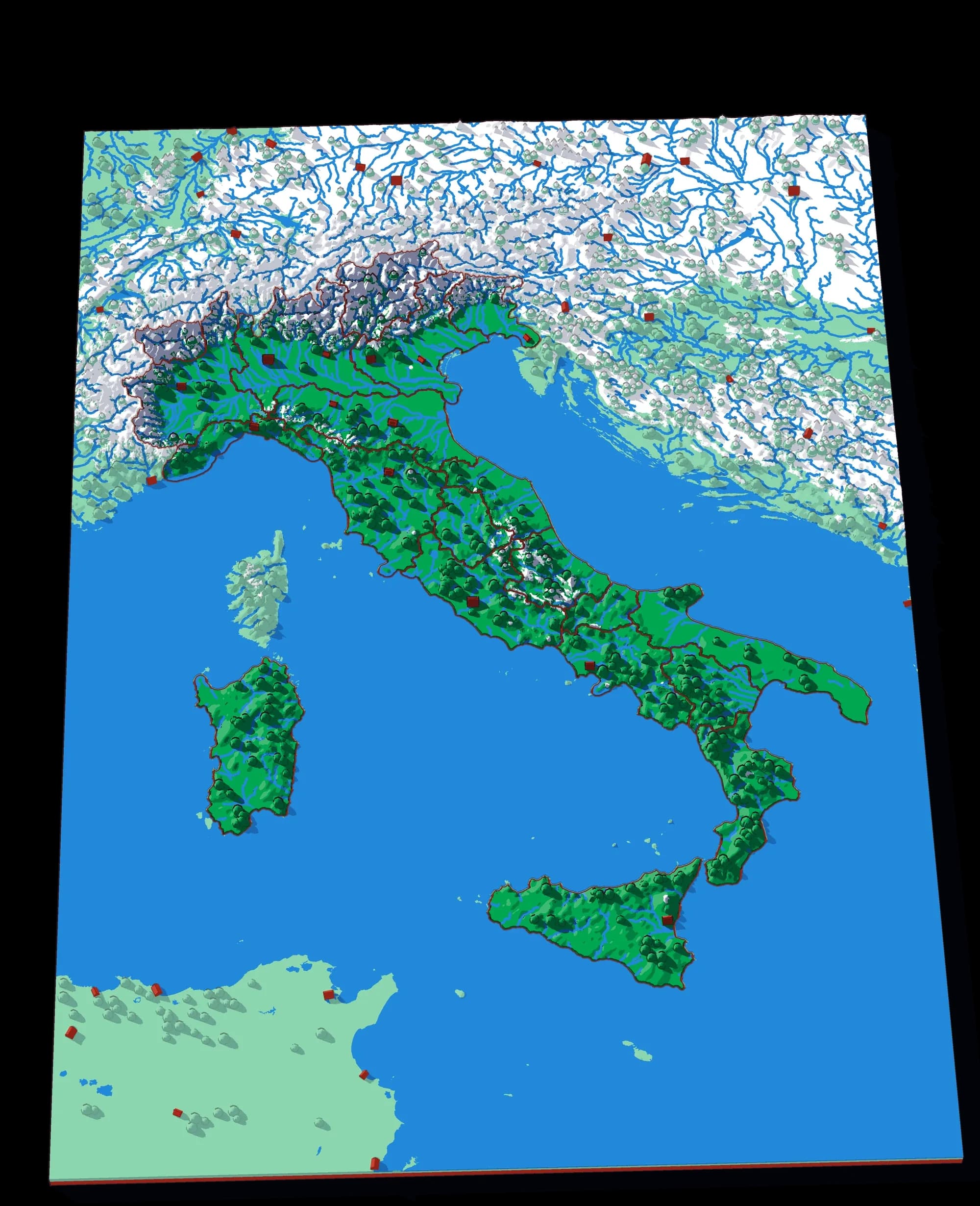 Italien als Relief-Puzzle, schräg von oben
