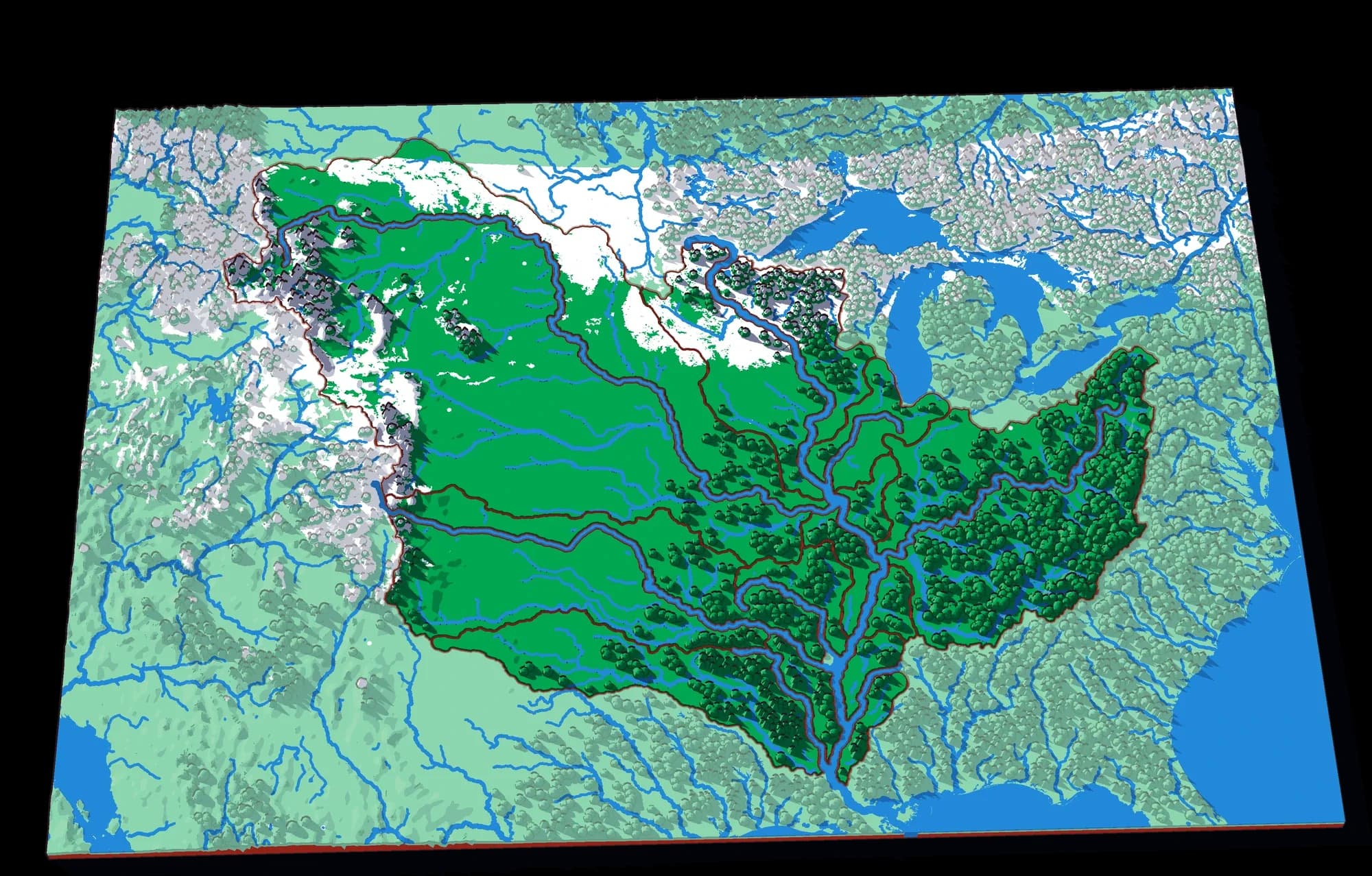 The Mississippi relief puzzle, seen at an angle
