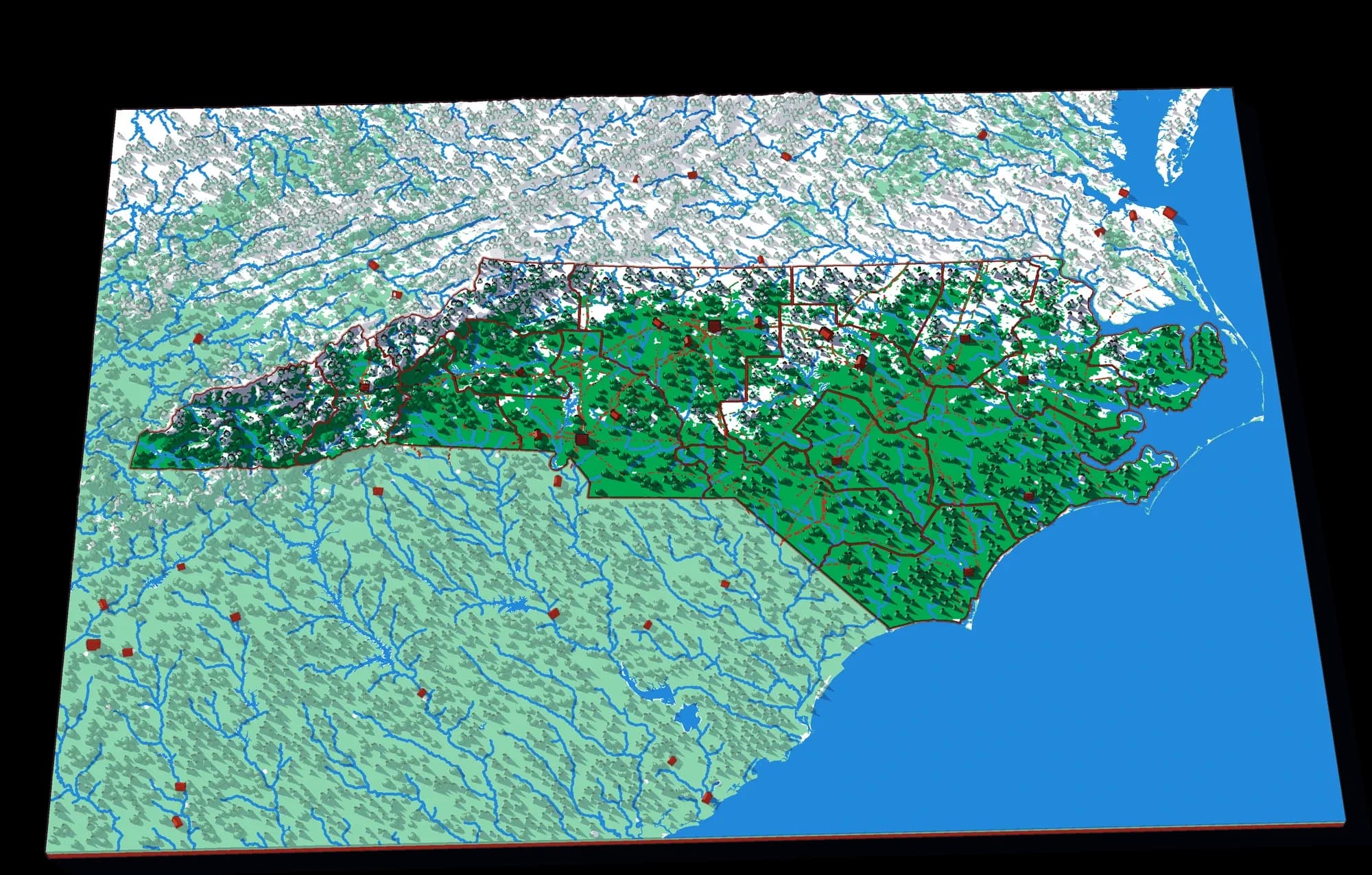North Carolina als Relief-Puzzle, schräg von oben