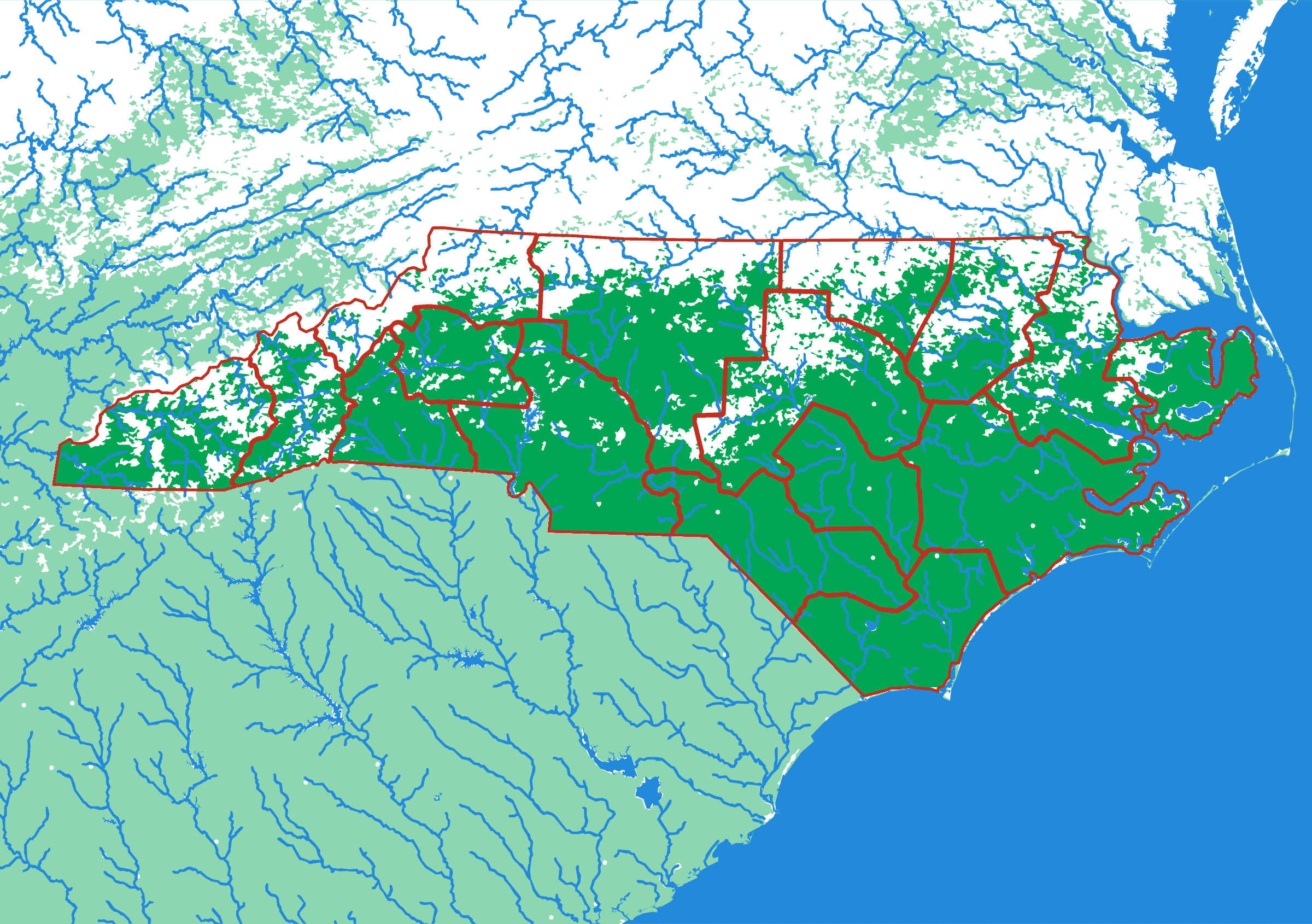 North Carolina als Relief-Puzzlekarte von oben — 16 Teile